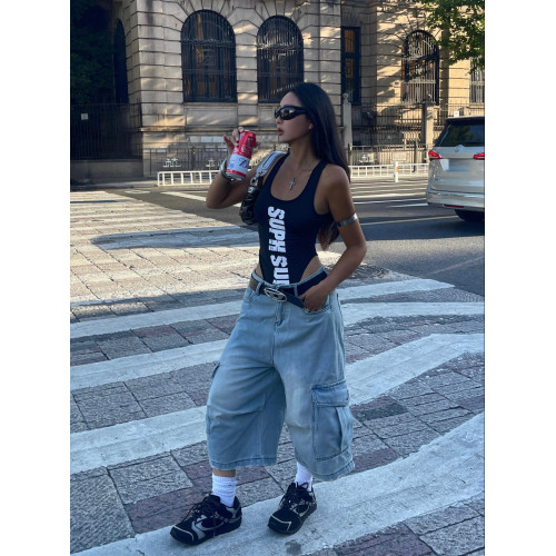 歐美辣妹風字母印花吊帶連體衣女夏季新款性感修身外穿無袖上衣