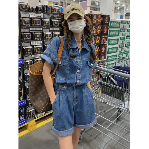 牛仔連體褲女高級感短褲收腰顯瘦套裝氣質連衣褲工裝連體衣夏裝女