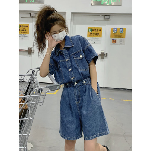 牛仔連體褲女高級感短褲收腰顯瘦套裝氣質連衣褲工裝連體衣夏裝女