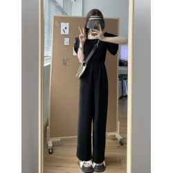 泡泡袖黑色連體褲女夏季顯高顯瘦連體衣一字肩高級感濶腿連衣褲