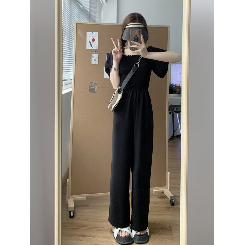 泡泡袖黑色連體褲女夏季顯高顯瘦連體衣一字肩高級感濶腿連衣褲