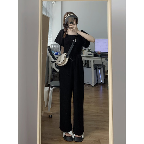 泡泡袖黑色連體褲女夏季顯高顯瘦連體衣一字肩高級感濶腿連衣褲