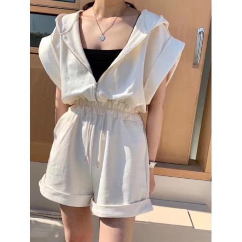 韓國連體短褲套裝女夏季港風休閒氣質連帽高腰顯瘦卷邊濶腿連體衣