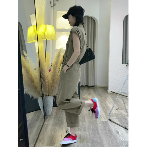 韓版時尚工裝連體褲女2025年夏季新款抽繩收腰休閒純色短袖連體衣
