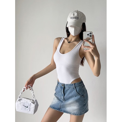 美式性感緊身工字連體吊帶背心女高叉露腰打底連體衣辣妹V領上衣