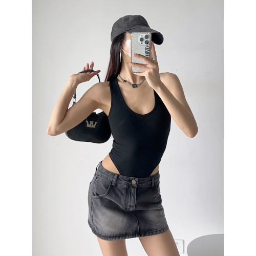 美式性感緊身工字連體吊帶背心女高叉露腰打底連體衣辣妹V領上衣