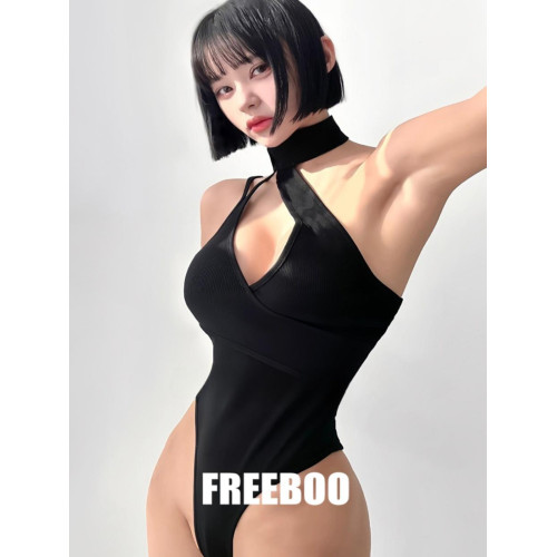 FREEBOO純色V領圍巾肩帶性感修身瑜伽運動露背不規則掛脖連體衣褲