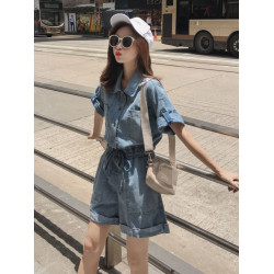 牛仔連體褲女2025新款夏高腰顯瘦連體衣女工裝濶腿短褲連體套裝女