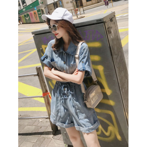 牛仔連體褲女2025新款夏高腰顯瘦連體衣女工裝濶腿短褲連體套裝女