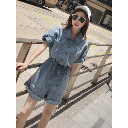 牛仔連體褲女2025新款夏高腰顯瘦連體衣女工裝濶腿短褲連體套裝女