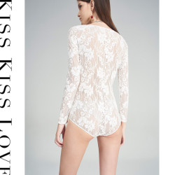 kiss kiss love春夏新品女士彈力連體上衣白色長袖鏤空蕾絲連體衣