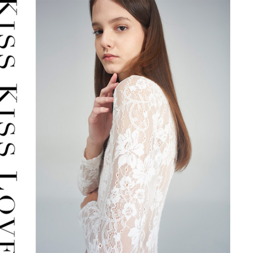 kiss kiss love春夏新品女士彈力連體上衣白色長袖鏤空蕾絲連體衣