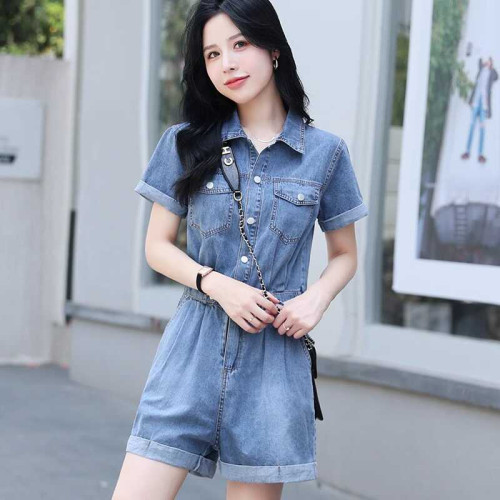 牛仔連體衣褲女夏季薄款2025新款小個子洋氣減齡短袖濶腿連體短褲