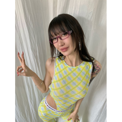 FOURFORTY  夏日迷幻格紋 露背網紗連體衣