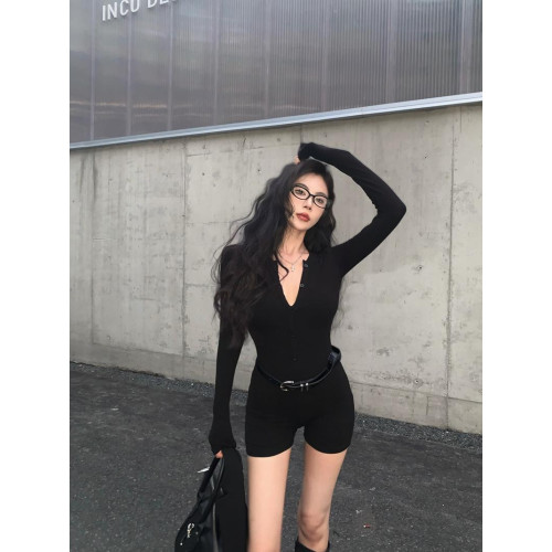 禦姐性感長袖連體衣女秋季莫代爾修身彈力瑜伽健身服運動連衣短褲