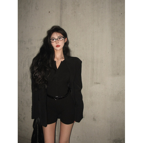 禦姐性感長袖連體衣女秋季莫代爾修身彈力瑜伽健身服運動連衣短褲