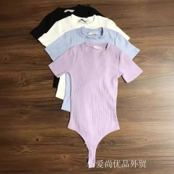美國單~螺紋彈力針織圓領修身短袖T恤無袖背心連體衣女