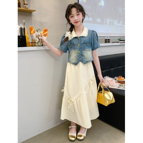 女童連衣裙夏款2025新款洋氣兒童短袖牛仔外套套裝中大童半身長裙