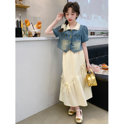女童連衣裙夏款2025新款洋氣兒童短袖牛仔外套套裝中大童半身長裙