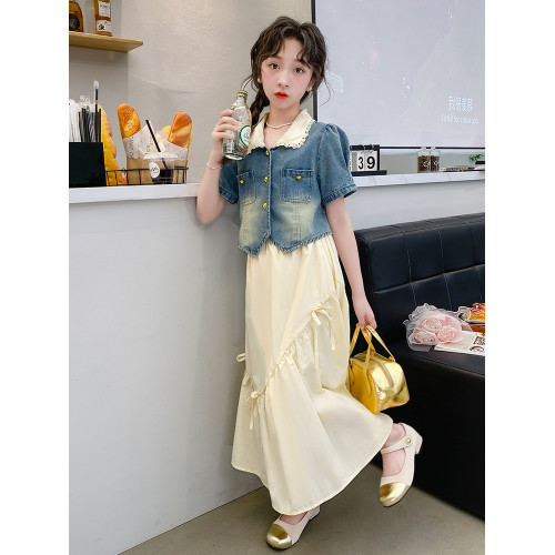 女童連衣裙夏款2025新款洋氣兒童短袖牛仔外套套裝中大童半身長裙
