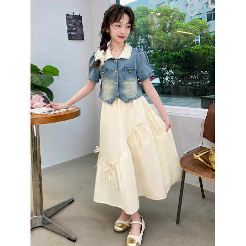 女童連衣裙夏款2025新款洋氣兒童短袖牛仔外套套裝中大童半身長裙