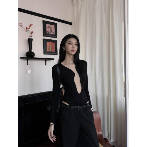 歐美辣妹風視覺鏤空網紗連體衣2024秋季新款設計感小衆黑色上衣