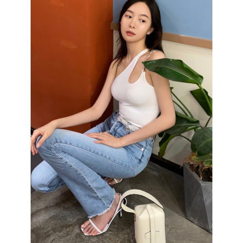趙堯珂同款夏季小心機設計感斜肩鏈條緊身吊帶背心露背胸墊連體衣