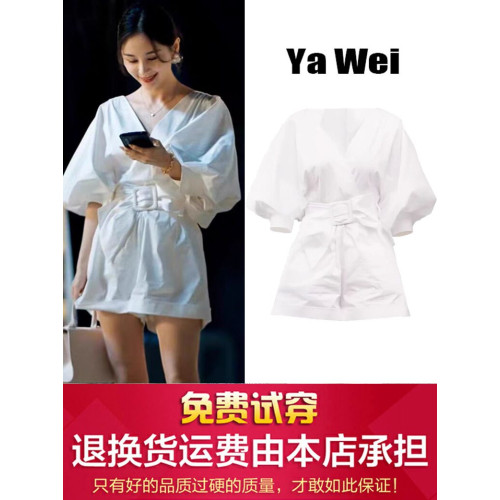 王子文明星同款白色V領泡泡袖連體褲女夏法式收腰濶腿短褲連體衣