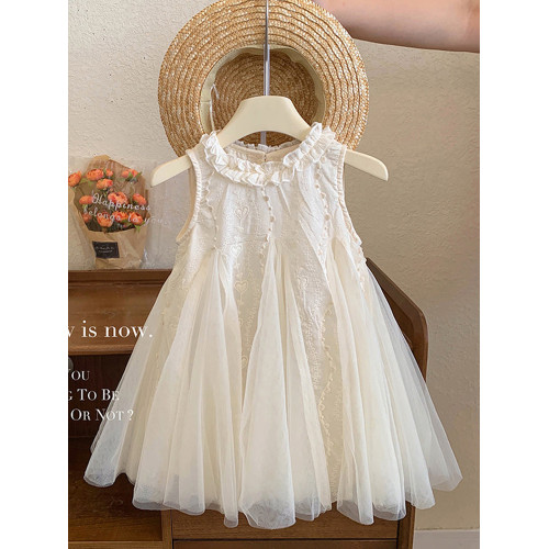 女童連衣裙夏季新高級感兒童裙子無袖網紗裙小女孩生日禮服公主裙