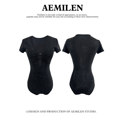 Aemilen2025年夏季新款重工爆閃顯時尚鑲鑽連體衣T恤女性感顯瘦