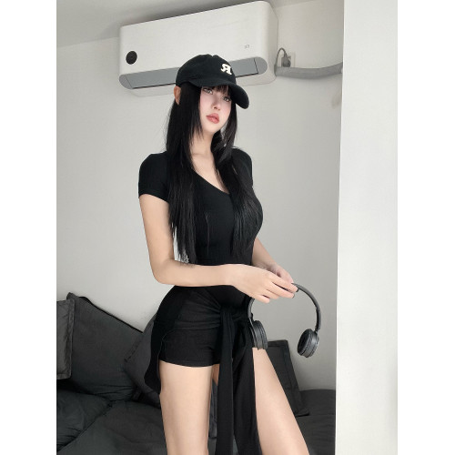 純欲辣妹拉鍊V領短袖連體衣女兩件套綁帶屁簾曡穿修身連體短褲潮