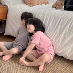 夏季新款兒童純色呼吸睡衣男女童寶寶純棉A類家居服套裝