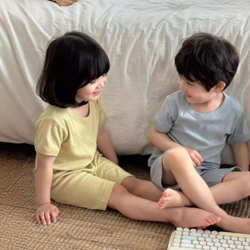 夏季新款兒童純色呼吸睡衣男女童寶寶純棉A類家居服套裝