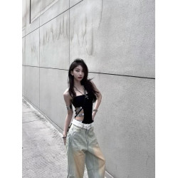 GARIS 美式辣妹一字肩連體衣女夏季外穿性感水鑽字母鏤空連體上衣