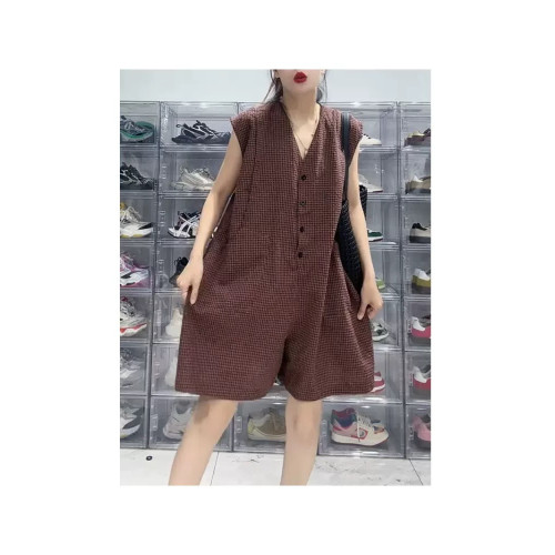 香港歐貨寬松格子連體褲女夏季薄款高級感短褲濶腿褲背帶褲連體衣