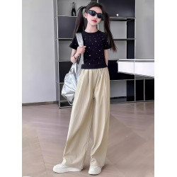 女童夏季薄款褲子2025又酷又颯洋氣兒童褲子女大童冰絲速乾濶腿褲