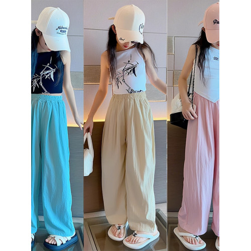 女童夏季薄款褲子2025又酷又颯洋氣兒童褲子女大童冰絲速乾濶腿褲