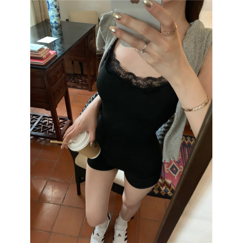 Buttetfly effect新錢風黑色吊帶蕾絲連體褲女夏季性感修身連體衣