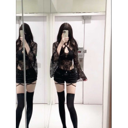 純欲風性感黑色蕾絲露腰長袖連體衣女夏季辣妹低腰包臀短褲兩件套