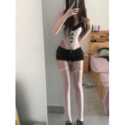 純欲性感撞色蝴蝶結蕾絲吊帶連體衣女夏季辣妹低腰包臀短褲兩件套