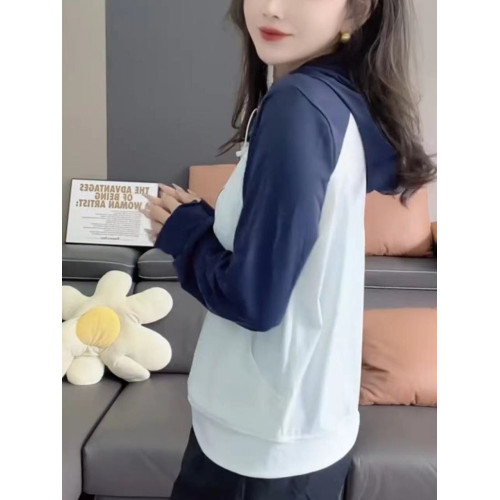 夏季歐範新款防曬衣女長袖連帽拼色設計小衆減齡時尚休閒薄外套