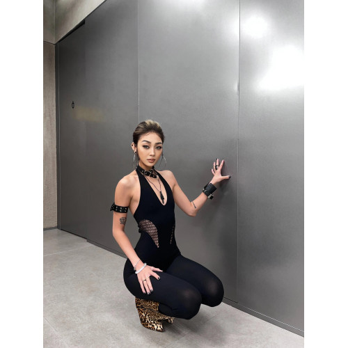 Do vis 歐美辣妹風黑色掛脖連體衣女性感鏤空緊身連體褲