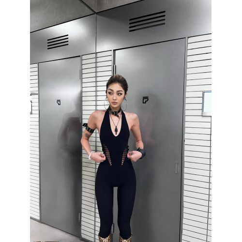 Do vis 歐美辣妹風黑色掛脖連體衣女性感鏤空緊身連體褲