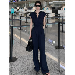 洋氣V領連體衣褲女夏新款氣質顯瘦設計感小衆休閒減齡濶腿長褲子
