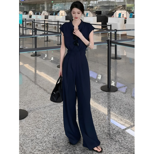 洋氣V領連體衣褲女夏新款氣質顯瘦設計感小衆休閒減齡濶腿長褲子