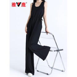 雅鹿赫本風黑色連體衣褲女夏季氣質無袖收腰垂感濶腿拖地背帶長褲