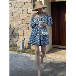 法式碎花短袖連體衣女裝2025夏季穿搭獨特別致漂亮一字露肩連體褲