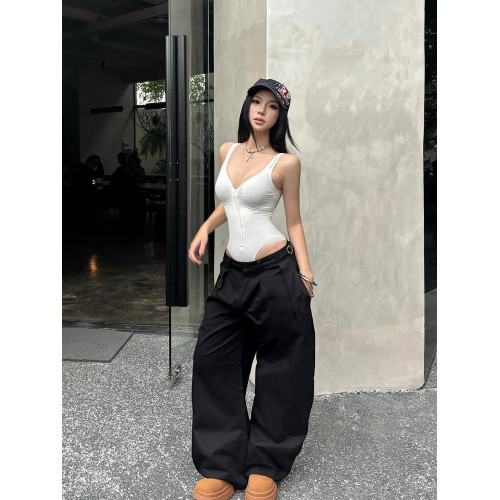 歐美辣妹風V領鏤空露背吊帶連體衣女夏性感收腰顯瘦無袖背心上衣