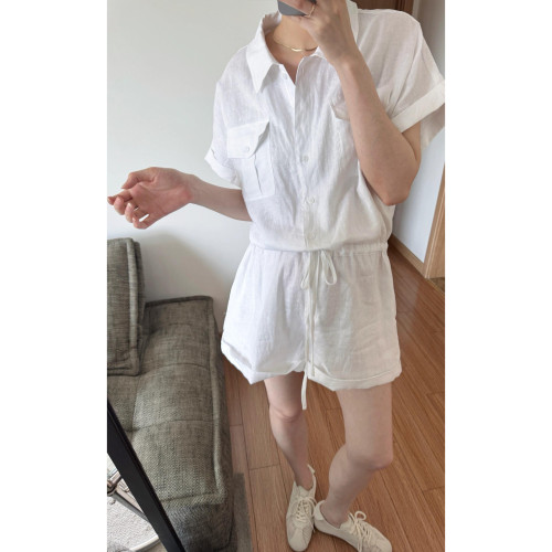 自在淡人&倦怠感 南油高定亞麻連體褲/寬松廓形抽繩收腰連體衣女