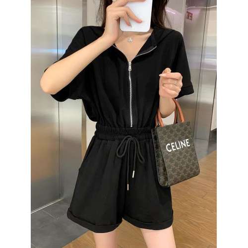 夏季法式新款連體衣女港味休閒氣質高腰顯瘦連身連帽連體短褲套裝